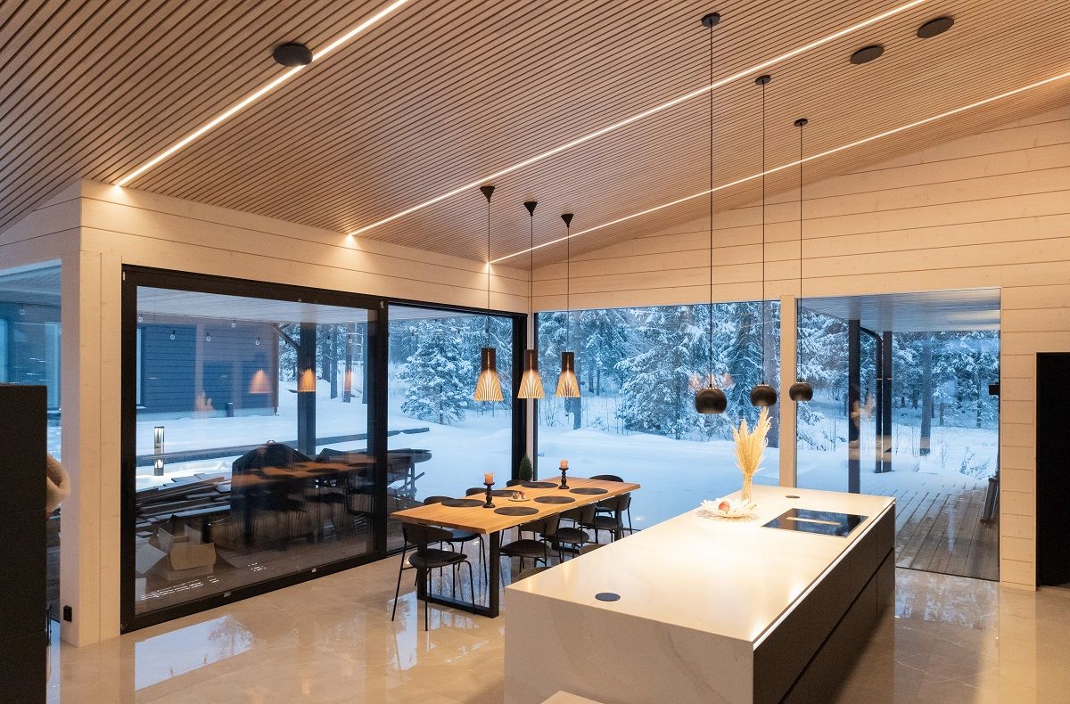 LED strip lighting between the batten strips as general lighting in a high kitchen